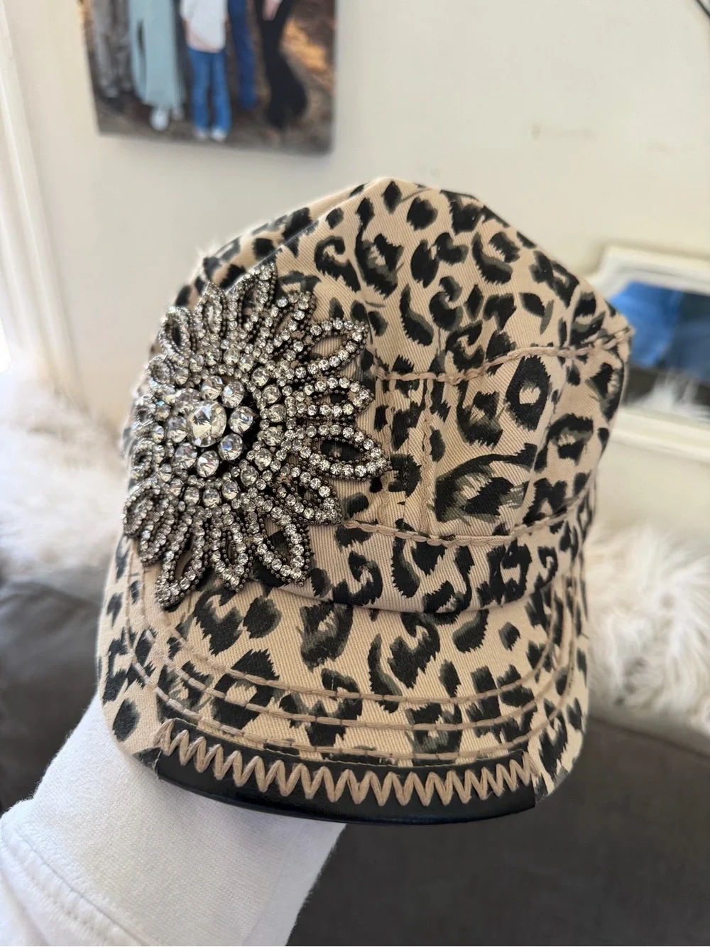 Bling bling  Beige and Black Leopard Cadet Hat with Rhinestone Brooch